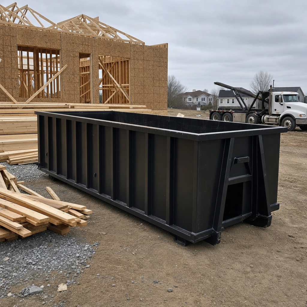 Matte-black 40-yard roll-off dumpster staged on a framed-out residential construction site in Warren, framing lumber stacked nearby, hooklift delivery truck visible in the background under bright Colorado daylight