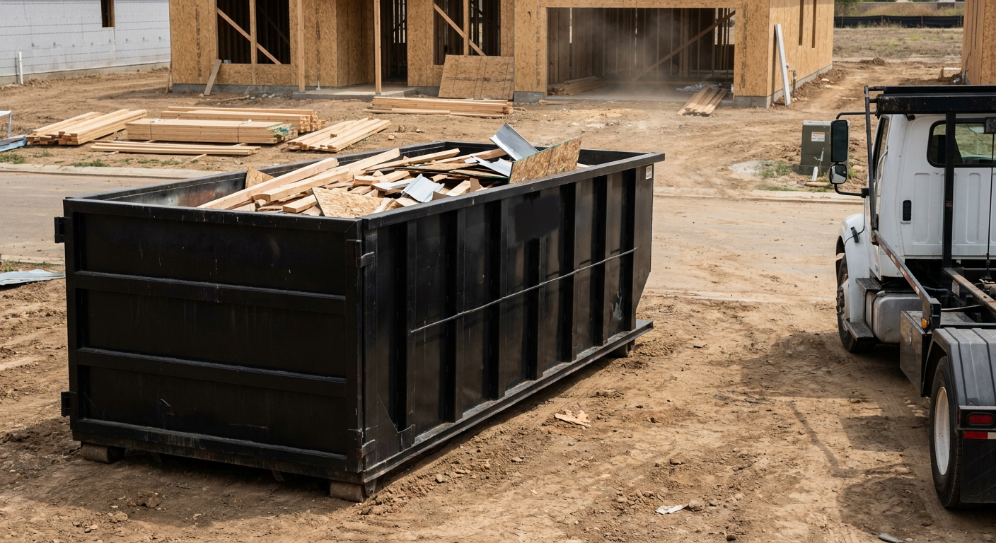 Matte-black 20-yard roll-off construction dumpster with heavy ribbed steel sidewalls and swing rear doors at a working jobsite in Warren, sitting directly on compacted dirt with an unmarked white hauler partially visible at the far edge of the frame.