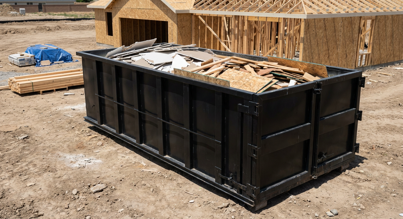Matte-black 30-yard roll-off construction dumpster sitting directly on the compacted-dirt site of a framed single-family home build in Warren, drywall and lumber scrap loaded inside.