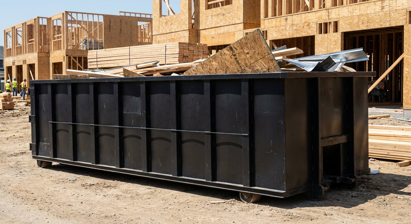 Matte-black 40-yard roll-off construction dumpster being lowered from a white-cab hooklift delivery truck onto the compacted-dirt jobsite at a commercial build site in Warren