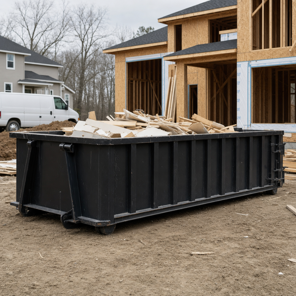 Worker in a yellow high-visibility vest tossing framing lumber and broken drywall into a matte-black 30-yard construction roll-off dumpster on an active build site in Warren, bright daylight
