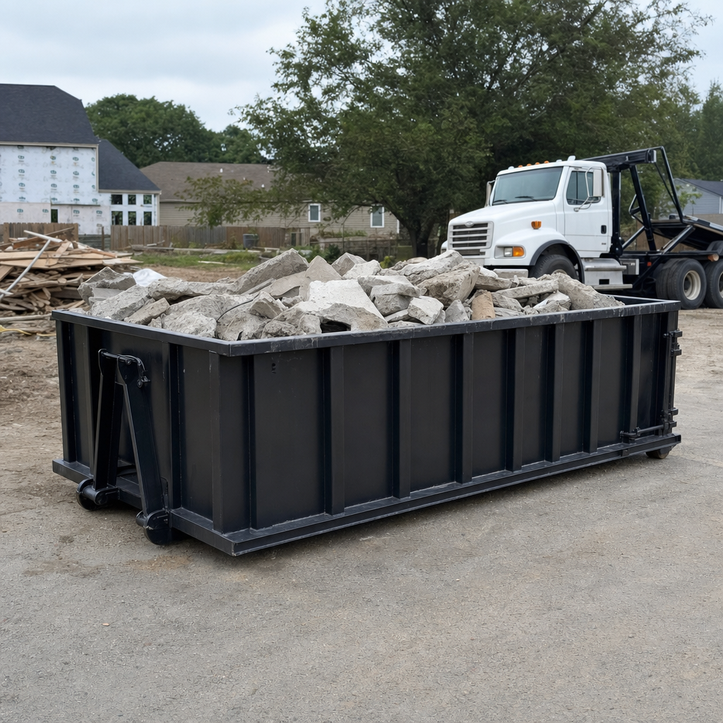 Low-profile matte-black lowboy roll-off dumpster loaded with broken concrete slab and rebar at a foundation tear-out in Warren, skid steer parked beside it, sunny Colorado morning