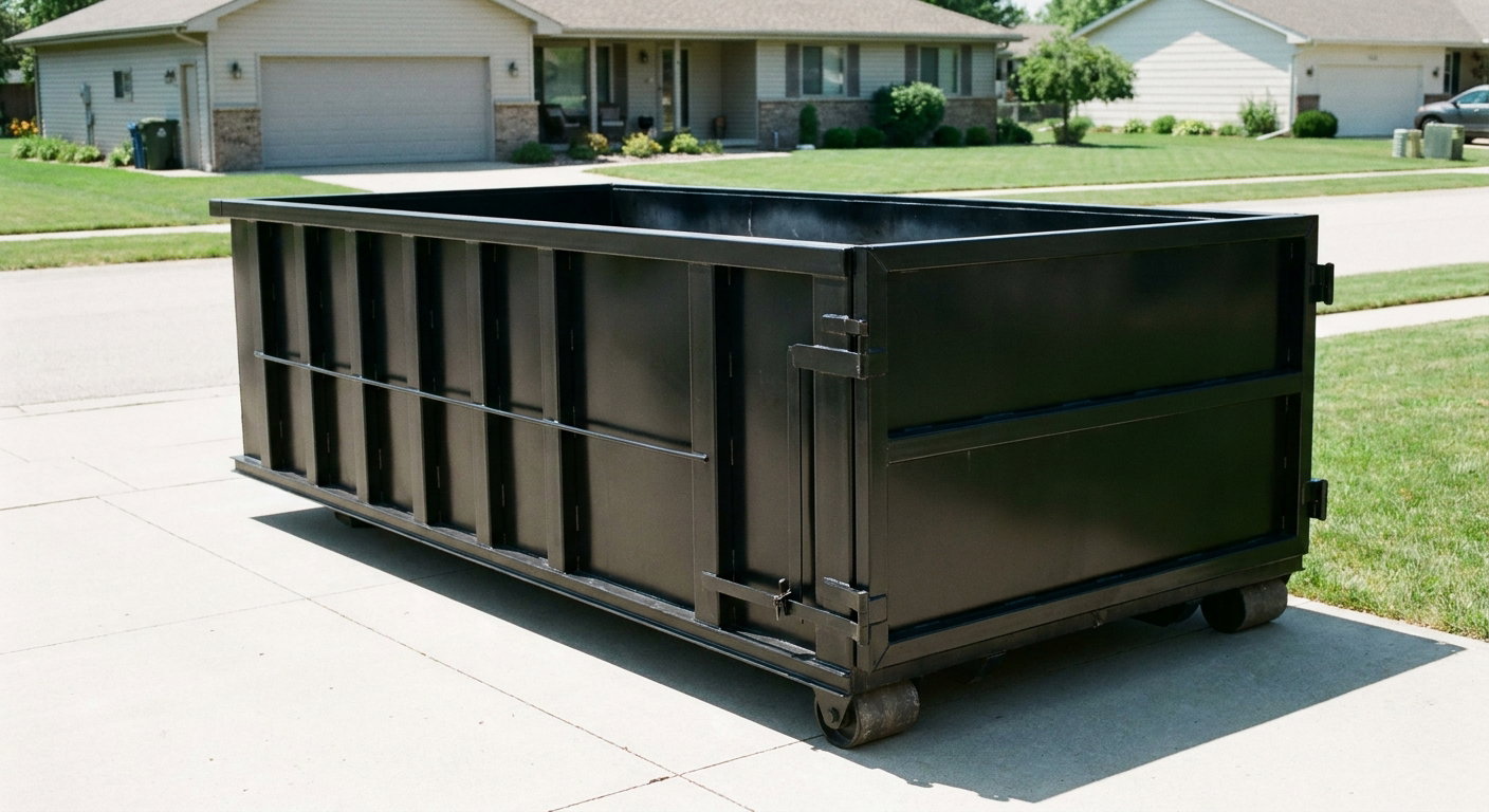 Matte-black 10-yard roll-off dumpster on a residential concrete driveway in Warren, uniformly painted matte black across every panel and rail, ribbed steel sidewalls and rear swing door visible, mid-day daylight.