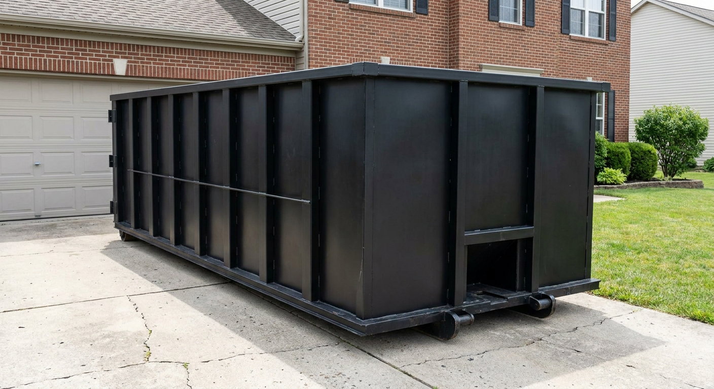 Matte-black 20-yard roll-off container on a Warren residential concrete driveway with reinforced ribbed steel sidewalls and a hinged rear walk-in door, clean bright daylight.