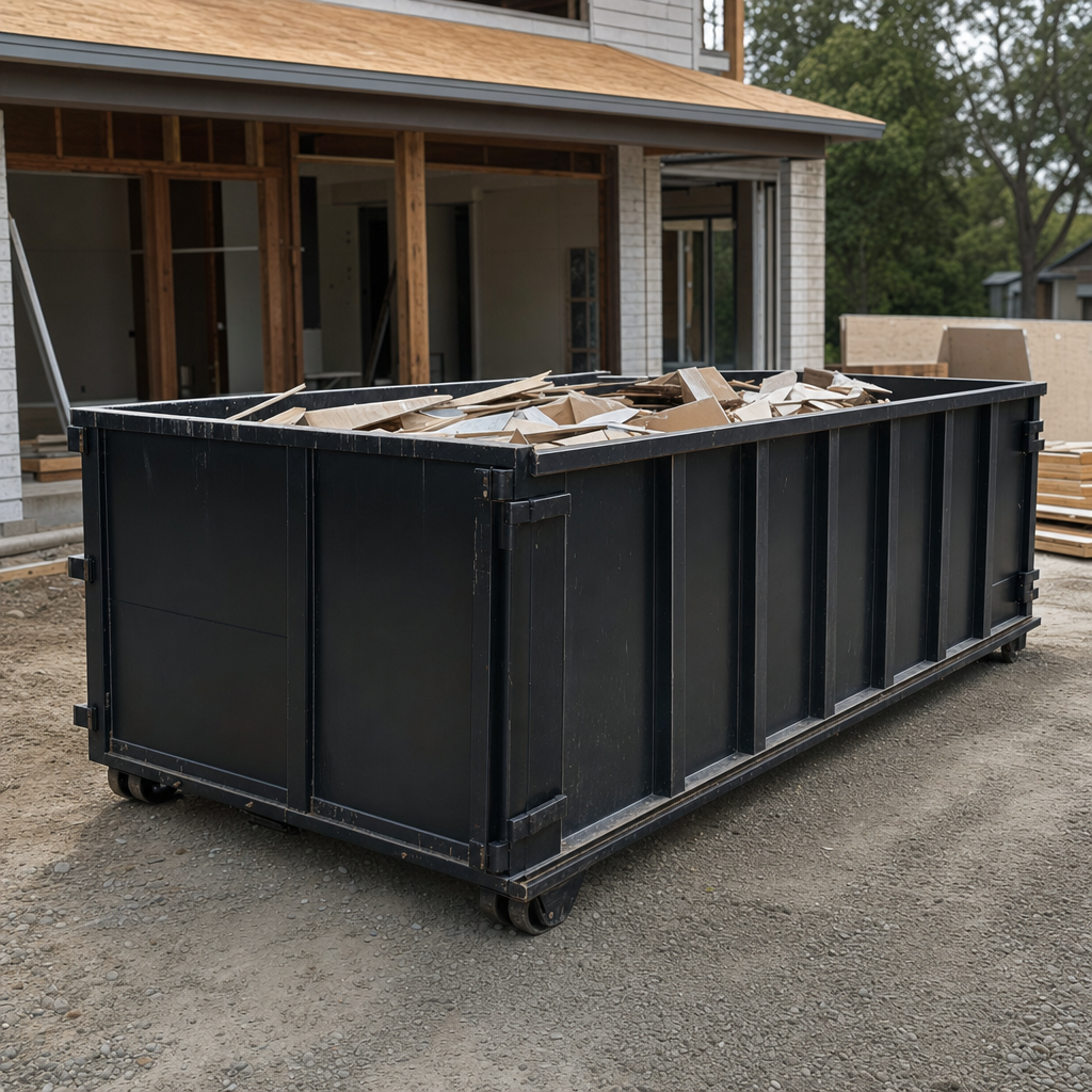 Large matte-black 30-yard construction roll-off dumpster at an active Warren jobsite, steel-gray top rails and bottom rollers visible, loaded with construction debris.
