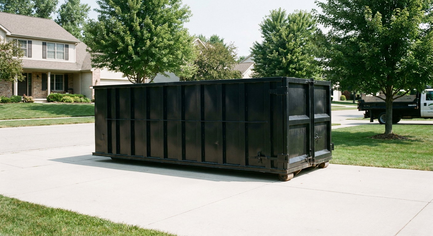 Matte-black 20-yard roll-off dumpster sitting level on a clean Warren residential concrete driveway under bright daylight, demonstrating clean placement directly on the concrete.