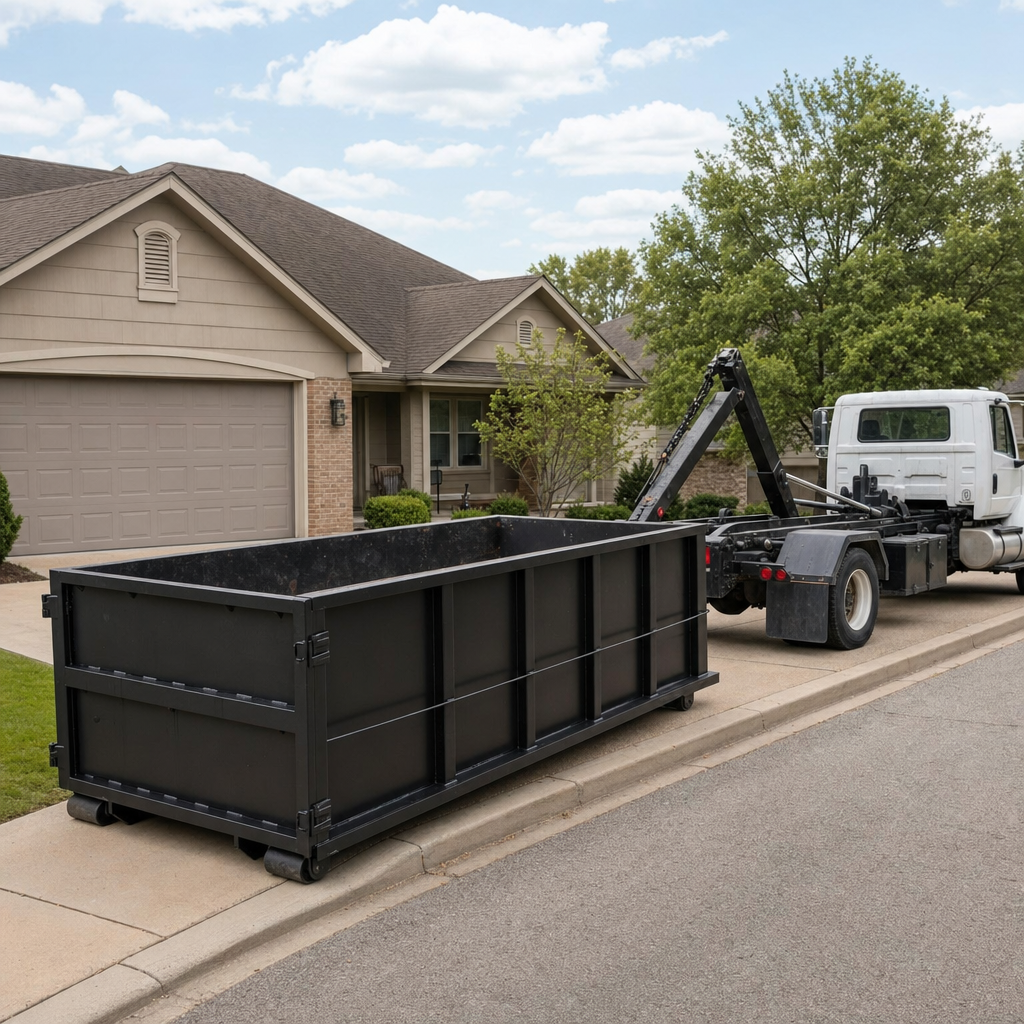 Wide documentary shot of a matte-black roll-off dumpster on a Warren residential driveway in the foreground and a contractor jobsite container in the soft-focus background, bright daylight, calm and orderly composition.