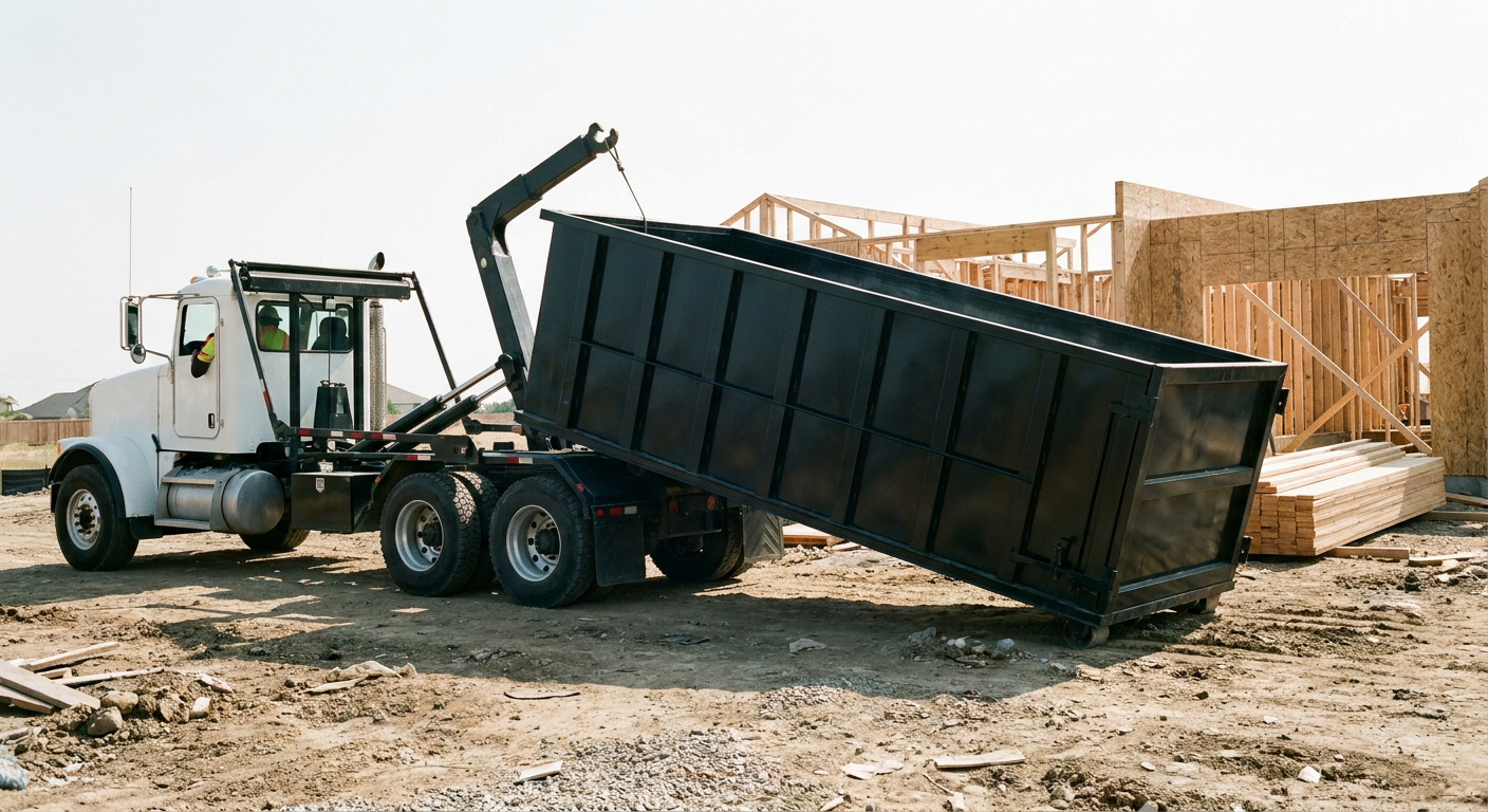 Matte-black roll-off dumpster being delivered onto a clean residential concrete driveway in Warren by an unmarked white hooklift hauler truck, bright morning daylight, documentary 35mm perspective.