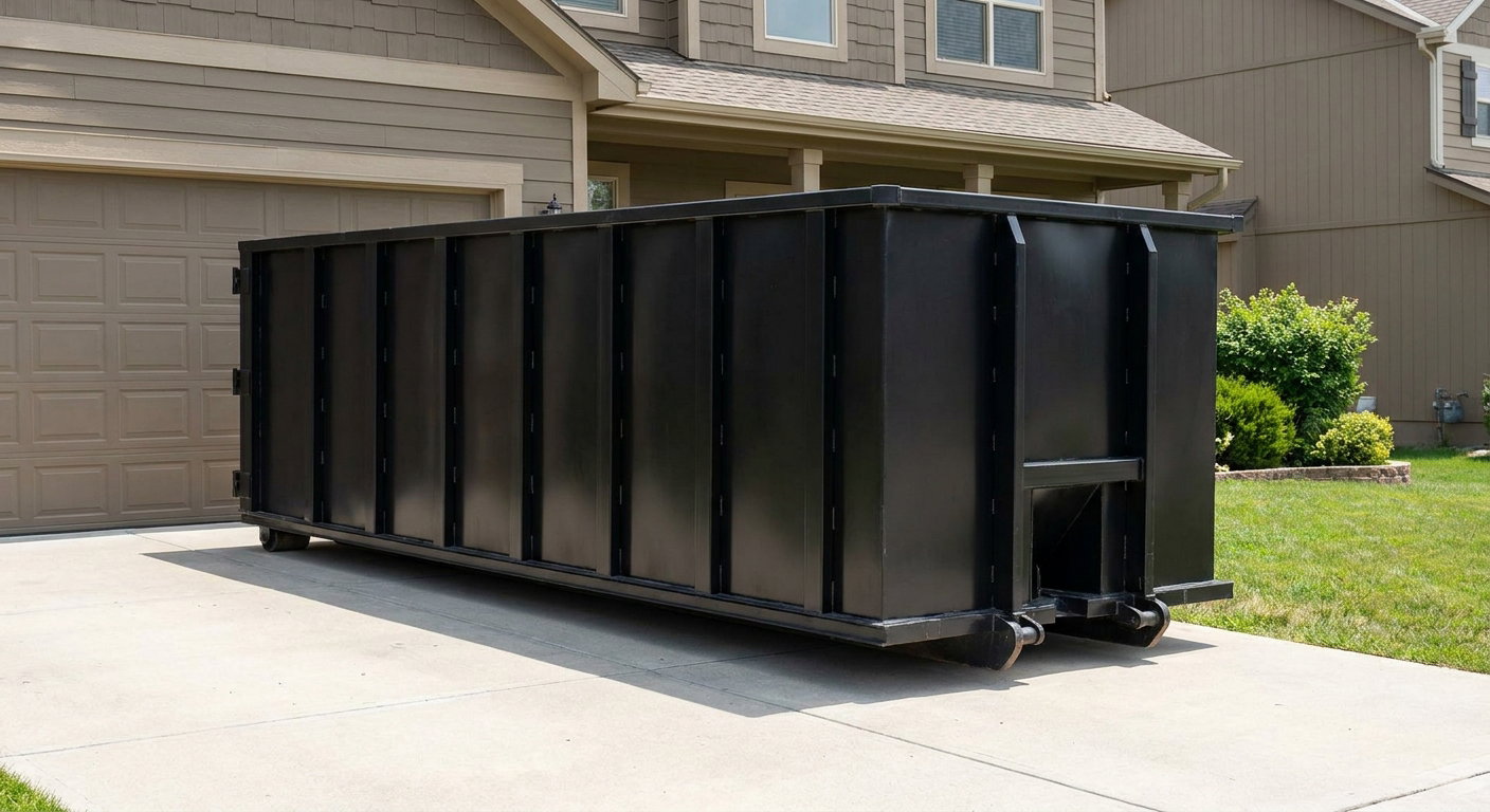 Matte-black residential roll-off dumpster sitting directly on a suburban Warren concrete driveway, garage door closed, single-family home in background, bright morning daylight.