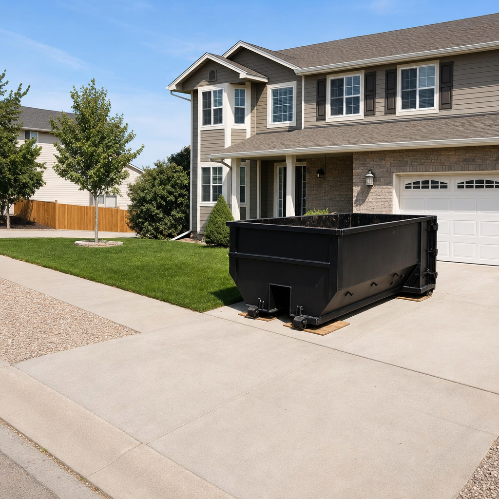 10-yard matte-black residential dumpster placed directly on a narrow Warren concrete driveway, room remains for a parked sedan beside it, mid-morning natural light