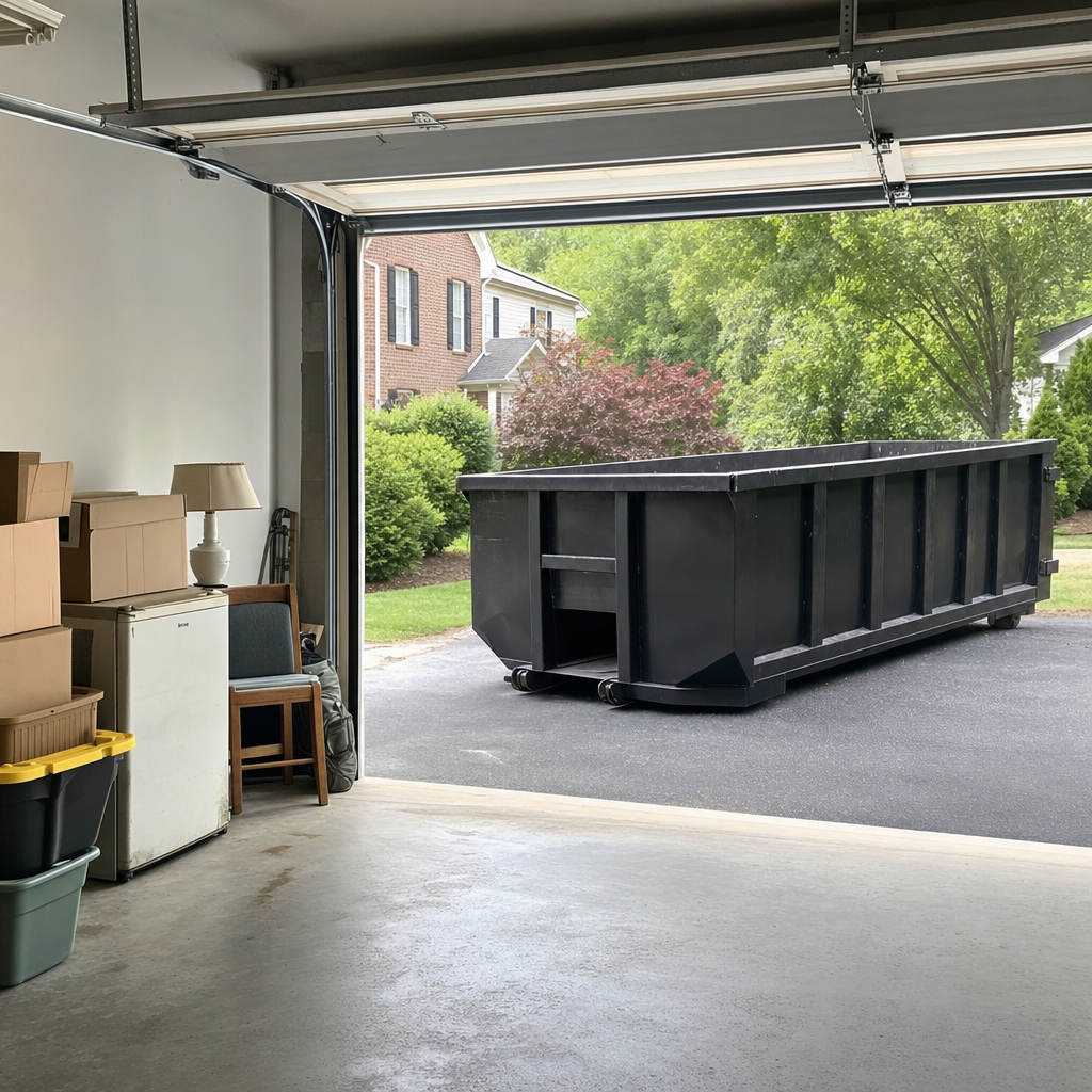 Open garage interior in a Warren home mid-cleanout — boxed items, an old appliance, and stacked yard tools queued near the driveway for a matte-black roll-off dumpster, organized and calm