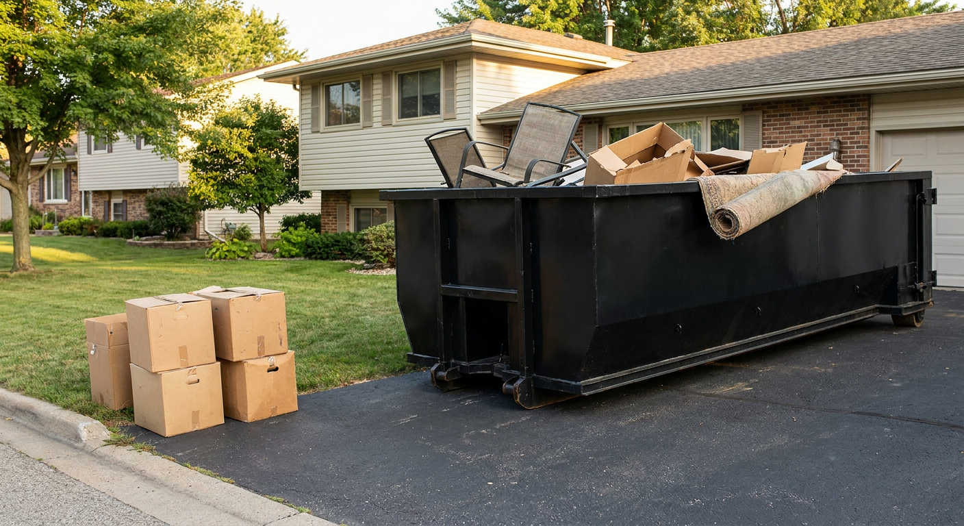 Front-yard view of a Warren split-level home with a 20-yard matte-black roll-off dumpster sitting directly on the asphalt driveway, a few clearly labeled donation boxes staged at the curb, calm sunny afternoon.