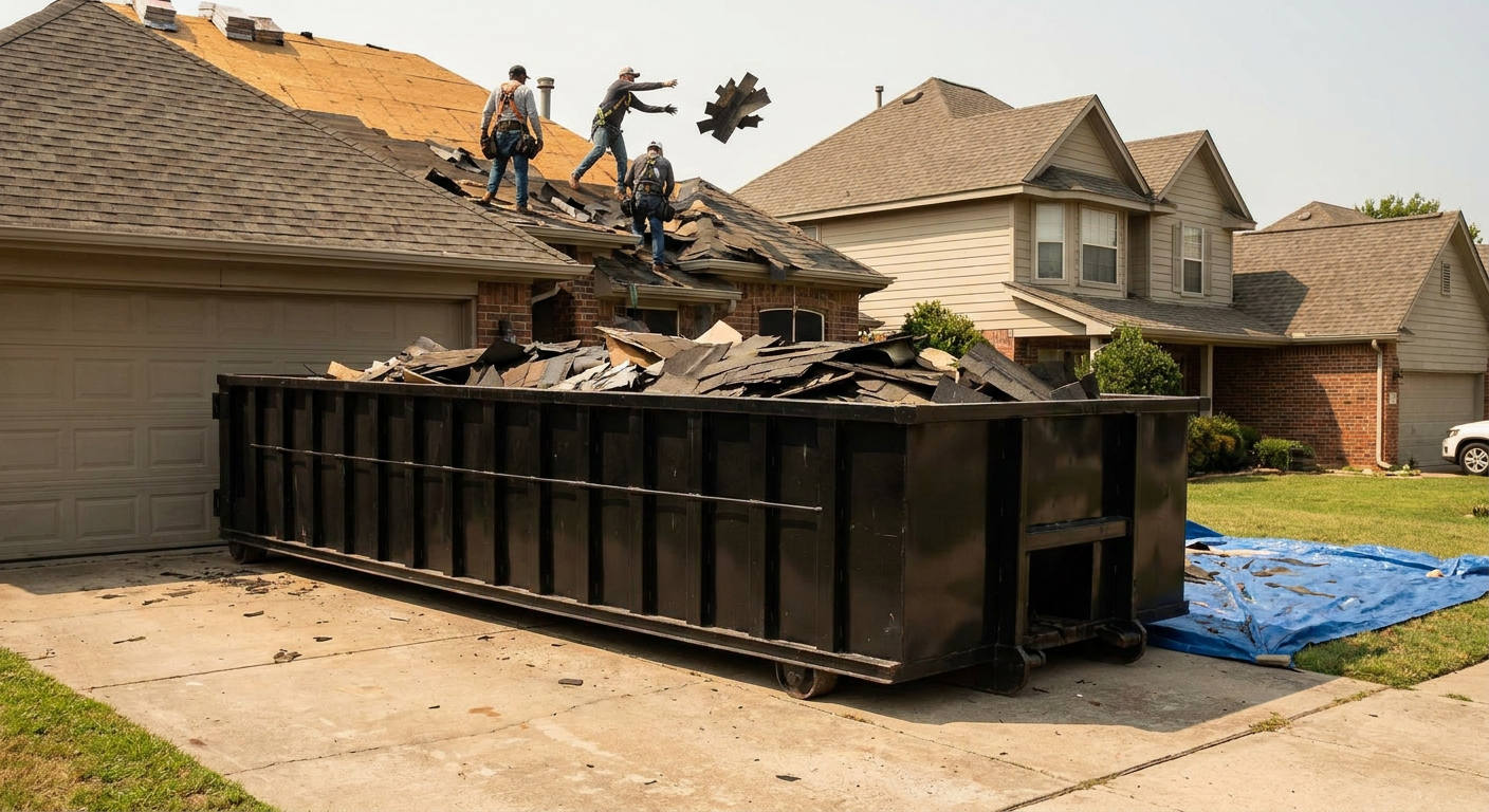 Matte-black roofing roll-off dumpster placed directly on a Warren residential concrete driveway, a tear-off crew on a two-story asphalt-shingle roof tossing shingle bundles into the low-walled container, bright daylight, documentary 35mm perspective.