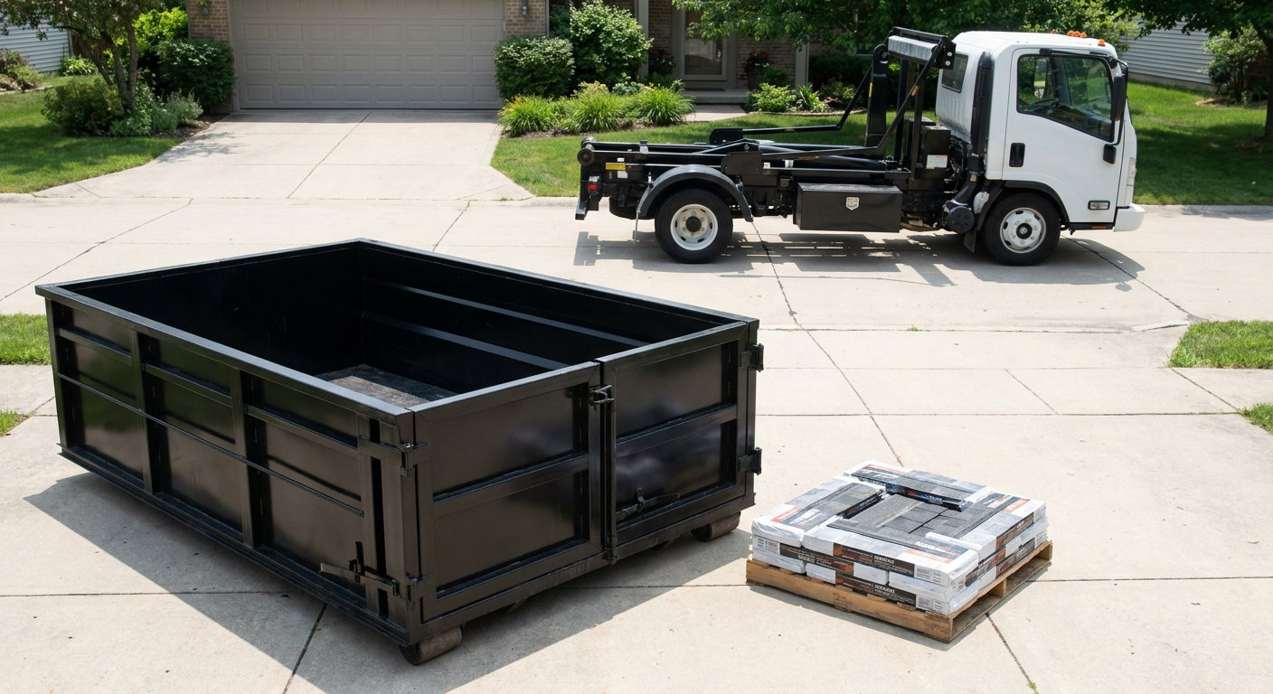 Matte-black 15-yard roofing roll-off dumpster with reinforced low side walls sitting directly on a Warren residential concrete driveway, three-tab asphalt shingle bundles stacked nearby, an unmarked white hauler truck partially visible at the edge of the frame.