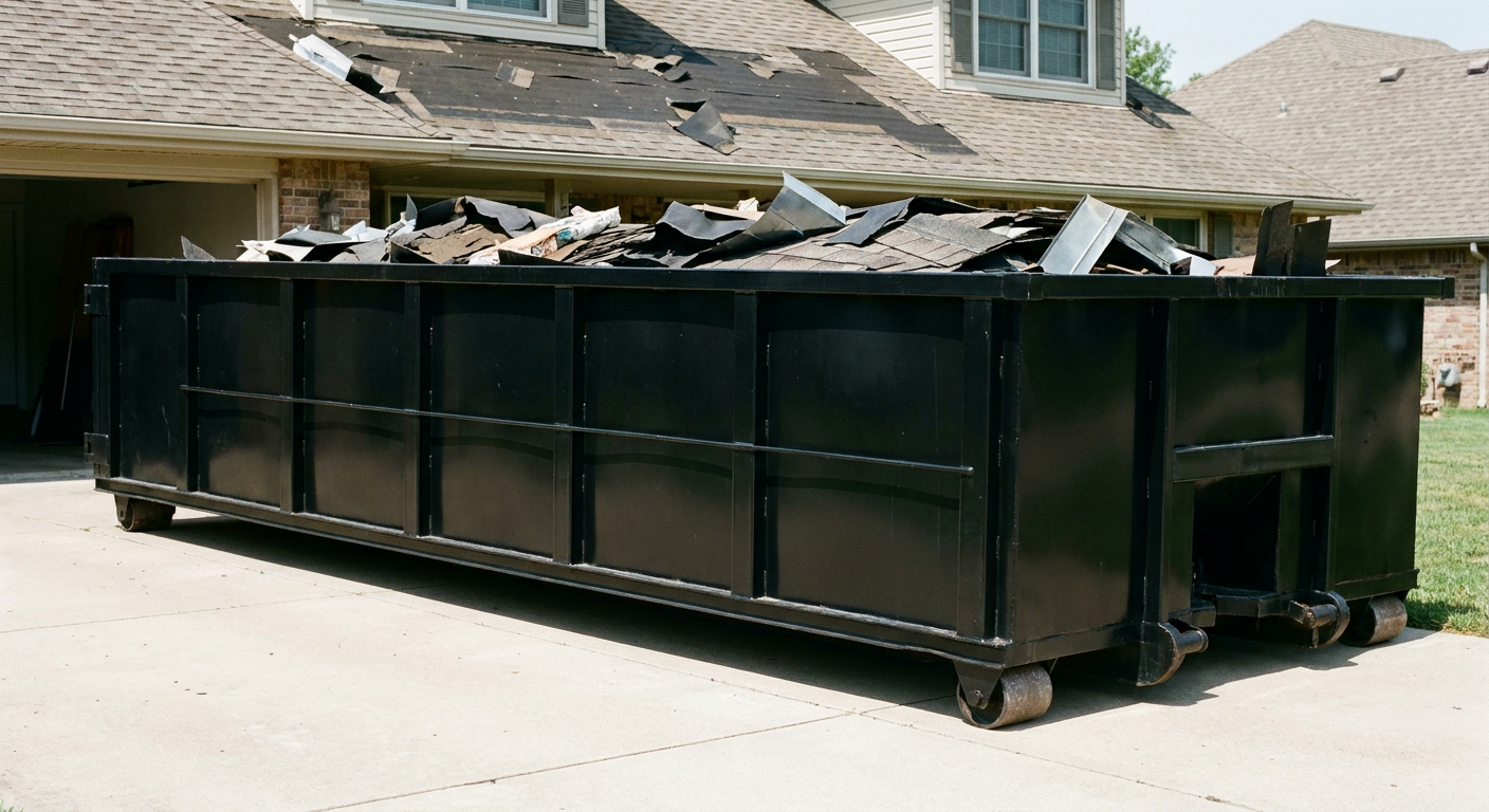 Matte-black 20-yard roofing roll-off dumpster with steel ribbed sides and swinging rear door, sitting directly on the concrete driveway of a two-story Warren home, asphalt shingle debris being loaded over the low wall, clean documentary lighting.