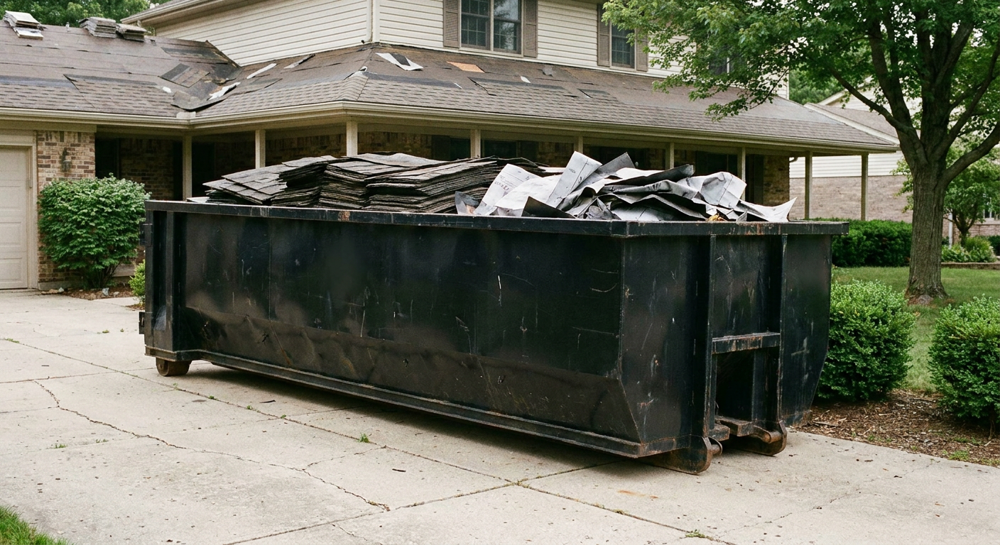 Matte-black 30-yard roofing roll-off dumpster sitting directly on a Warren concrete driveway, taller ribbed steel side panels, mixed tear-off debris of asphalt shingles and underlayment inside, professional documentary daylight.