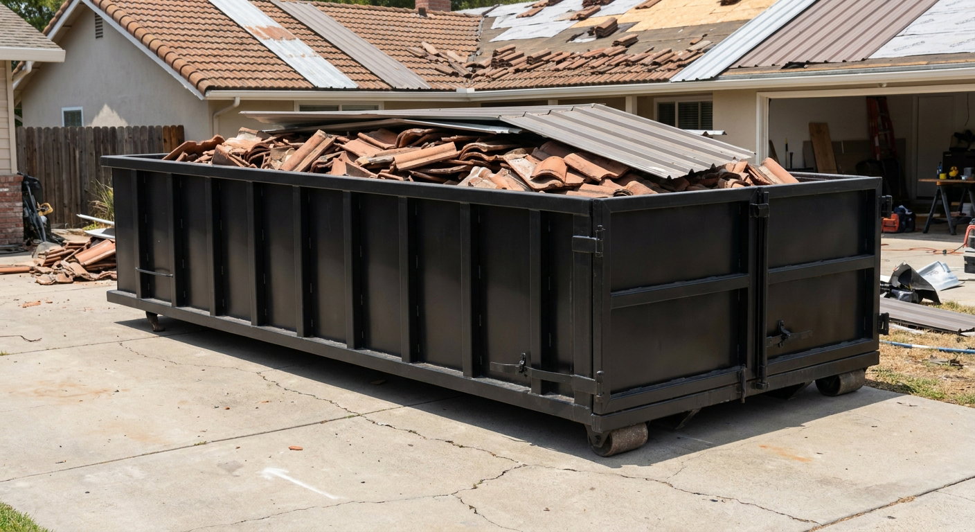 Matte-black low-wall heavy-debris roofing roll-off dumpster sitting directly on a Warren concrete driveway, broken concrete clay roof tiles and metal panel sections loaded inside, reinforced ribbed steel side walls visible, bright outdoor daylight.