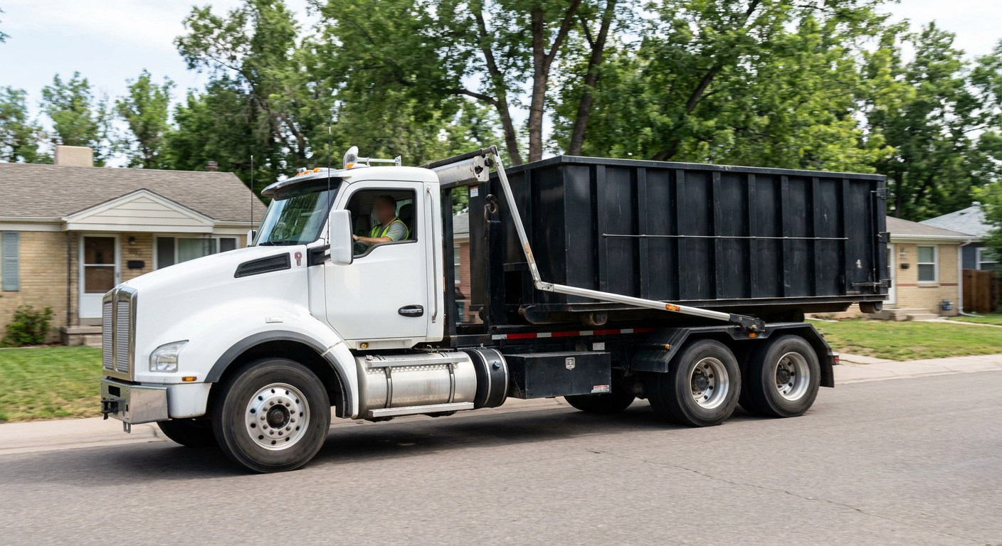 A wide documentary shot of a matte-black roll-off delivery truck pulling onto a quiet Warren residential street at mid-morning, with neighborhood rooftops and tree-lined blocks visible behind, showing the metro coverage footprint.