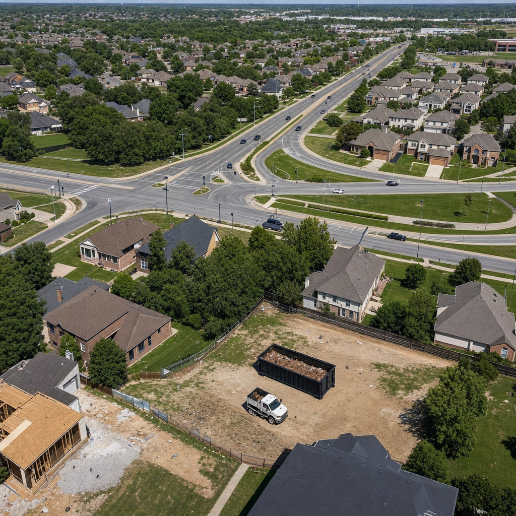 An overhead documentary view of the Warren metro area at midday, showing the spread of neighborhoods, arterial roads, and the dispatch radius from a central yard — clean daylight, organized geographic layout.