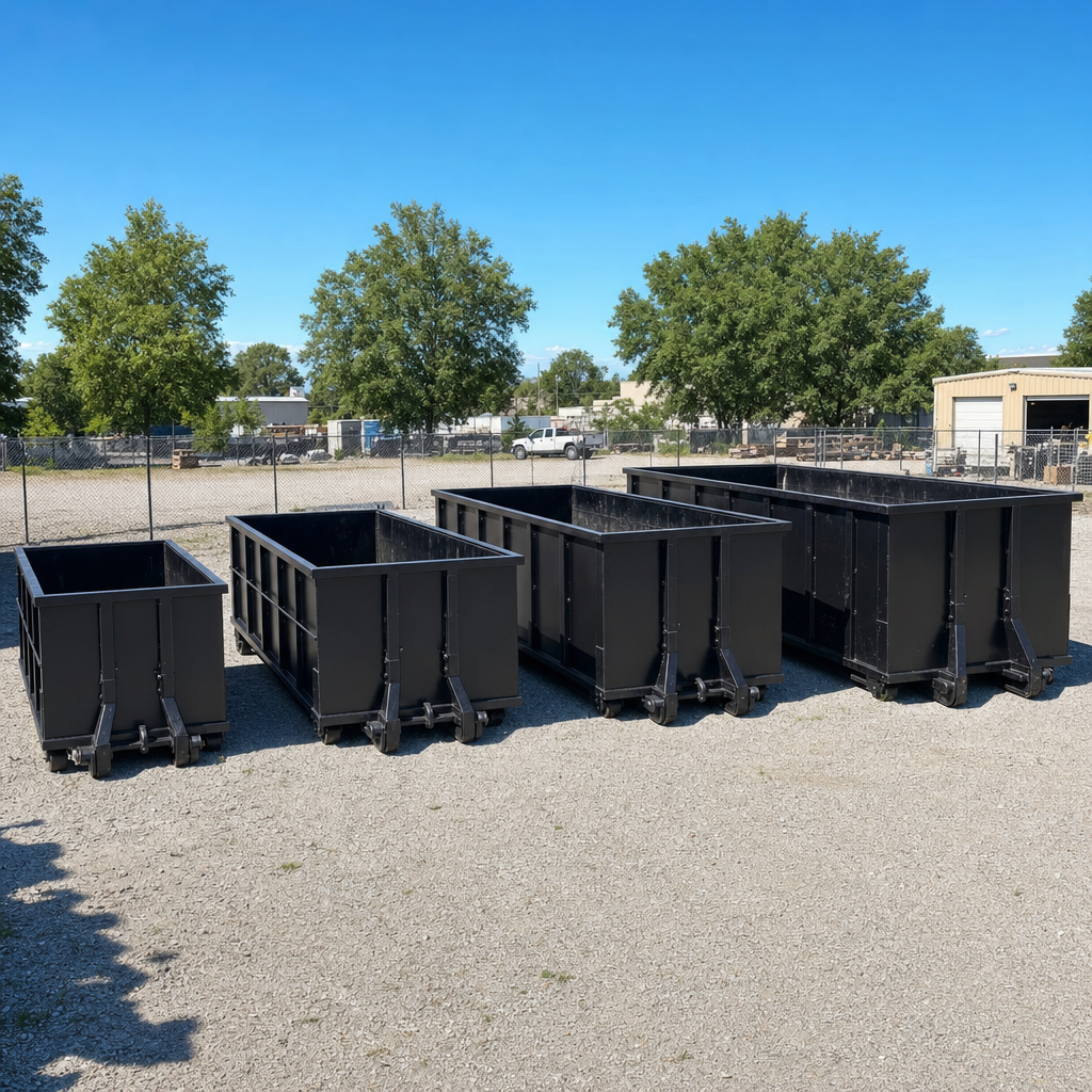 A clean lineup of matte-black roll-off dumpsters in 10, 20, 30, and 40-yard sizes staged on a sunlit gravel yard in Warren, showing the size progression from compact to commercial-scale containers.