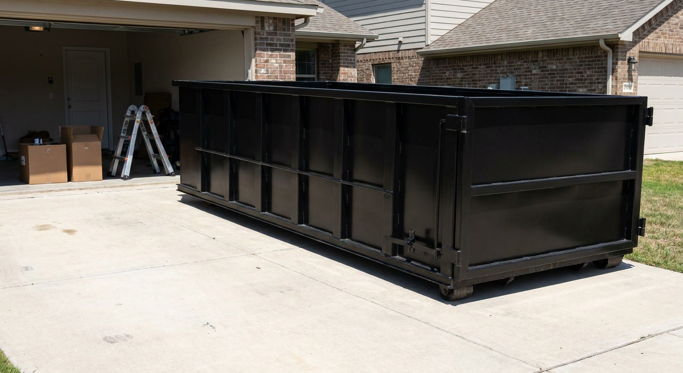 A matte-black 10-yard roll-off dumpster sitting directly on a residential Warren concrete driveway, mid-day sunlight, clean and ready for a garage cleanout.