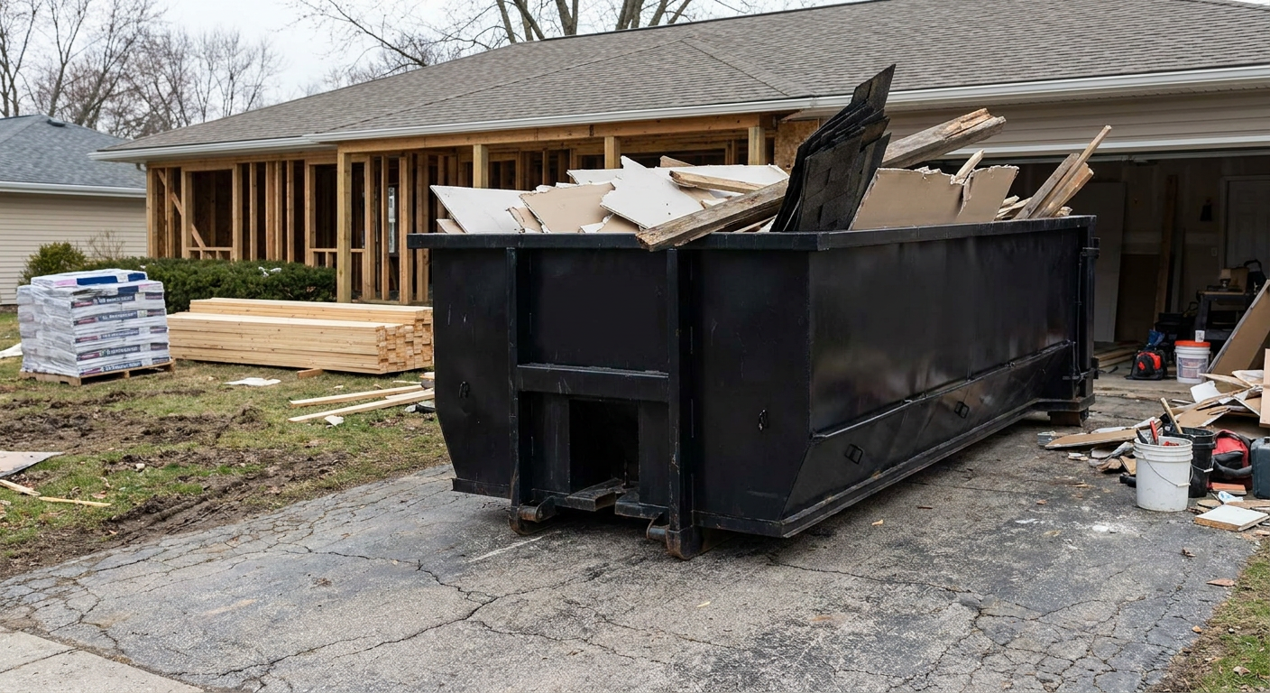 A matte-black 20-yard roll-off dumpster placed alongside a mid-renovation Warren home directly on the asphalt driveway, with framing materials and torn-off shingles staged neatly nearby.