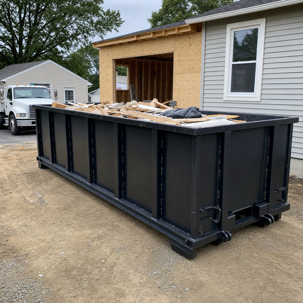 A matte-black 30-yard roll-off dumpster positioned at a Warren residential addition jobsite, with framing lumber and drywall scraps loaded through the open swinging rear doors.