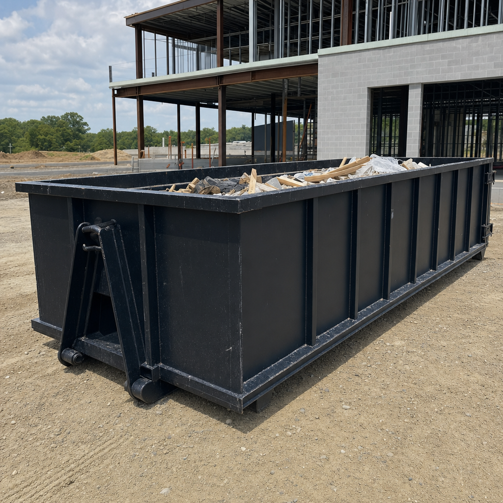A matte-black 40-yard roll-off dumpster staged on a large Warren commercial construction lot, with a hooklift delivery truck parked alongside under bright midday sky.