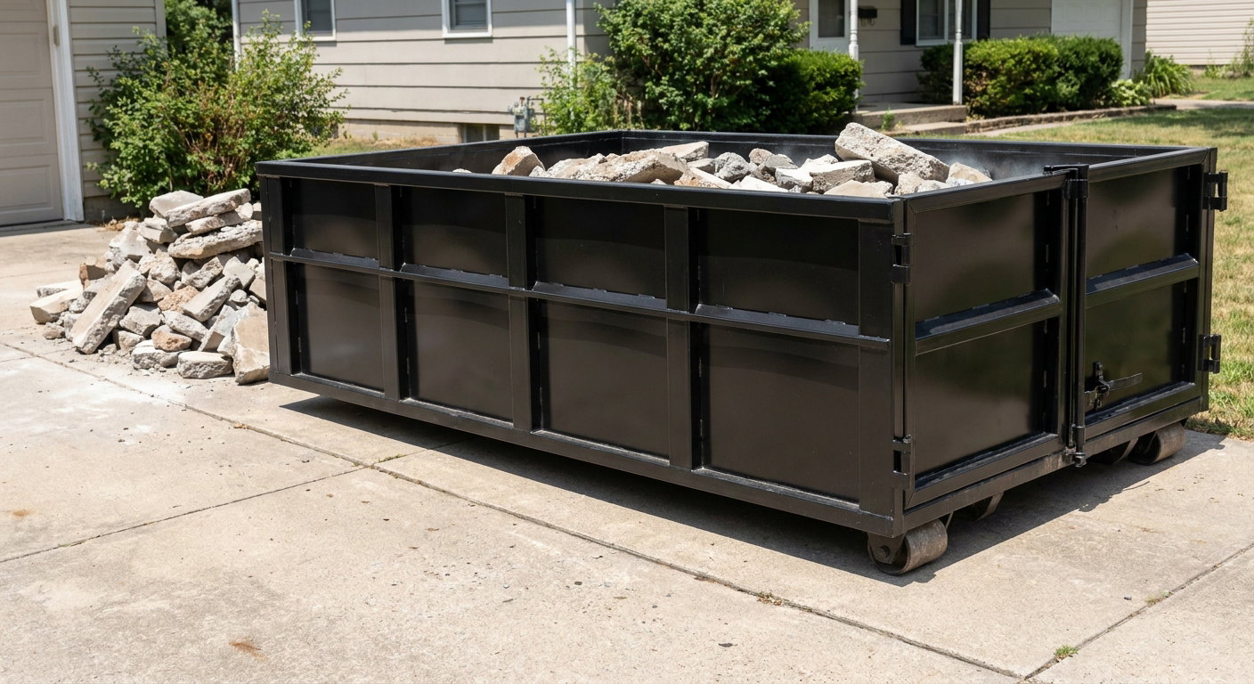 A matte-black low-side heavy-debris roll-off dumpster placed directly on a Warren concrete driveway, with broken concrete chunks neatly stacked beside it under clean daylight.